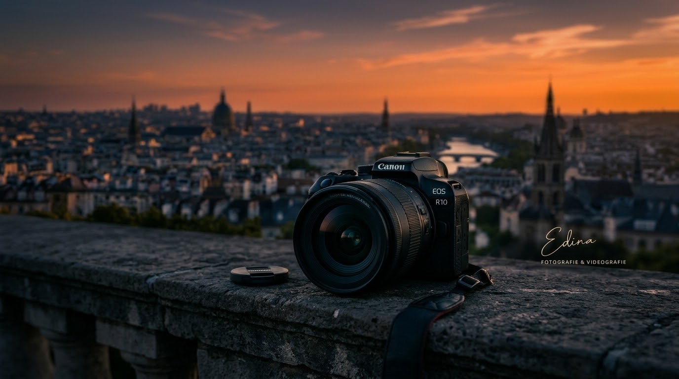 Professionelle Kamera auf einem Mauervorsprung im warmen Abendlicht über der Stadtsilhouette