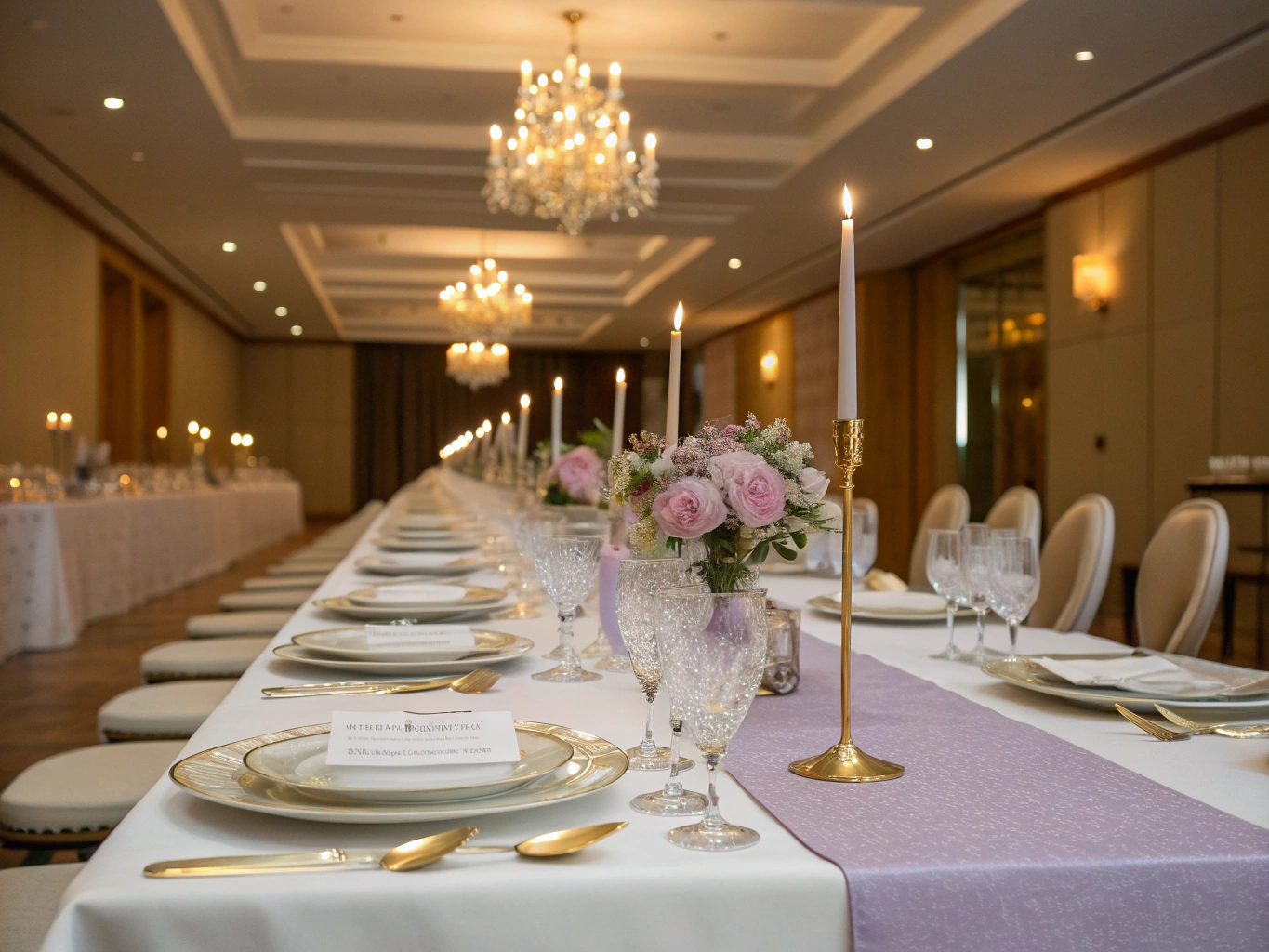 Festlich gedeckte Dinnertafel mit Kerzenlicht und Blumenarrangement für Eventfotografie