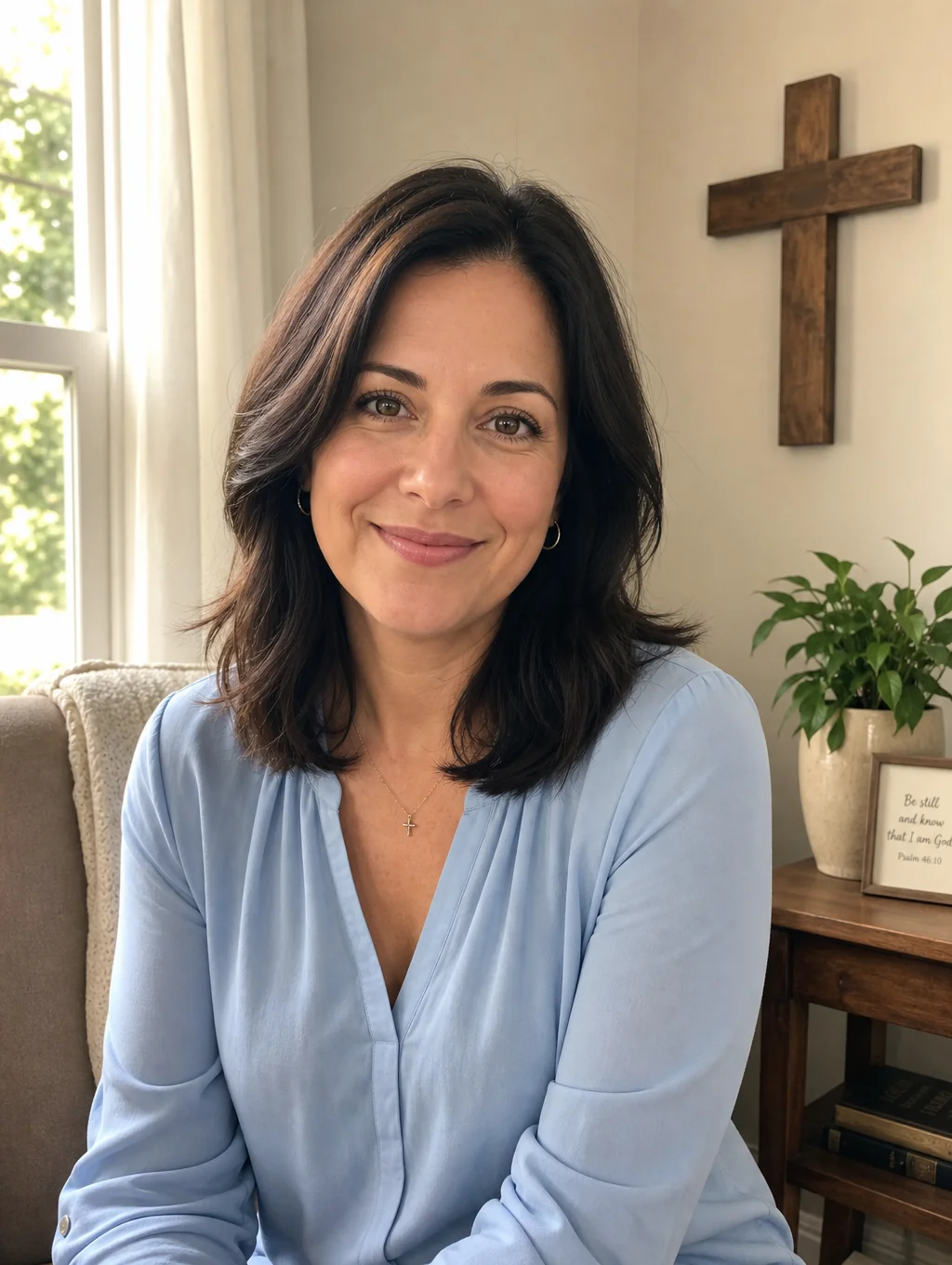 Natürliches Frauenportrait mit dunklem Haar vor dunklem Hintergrund