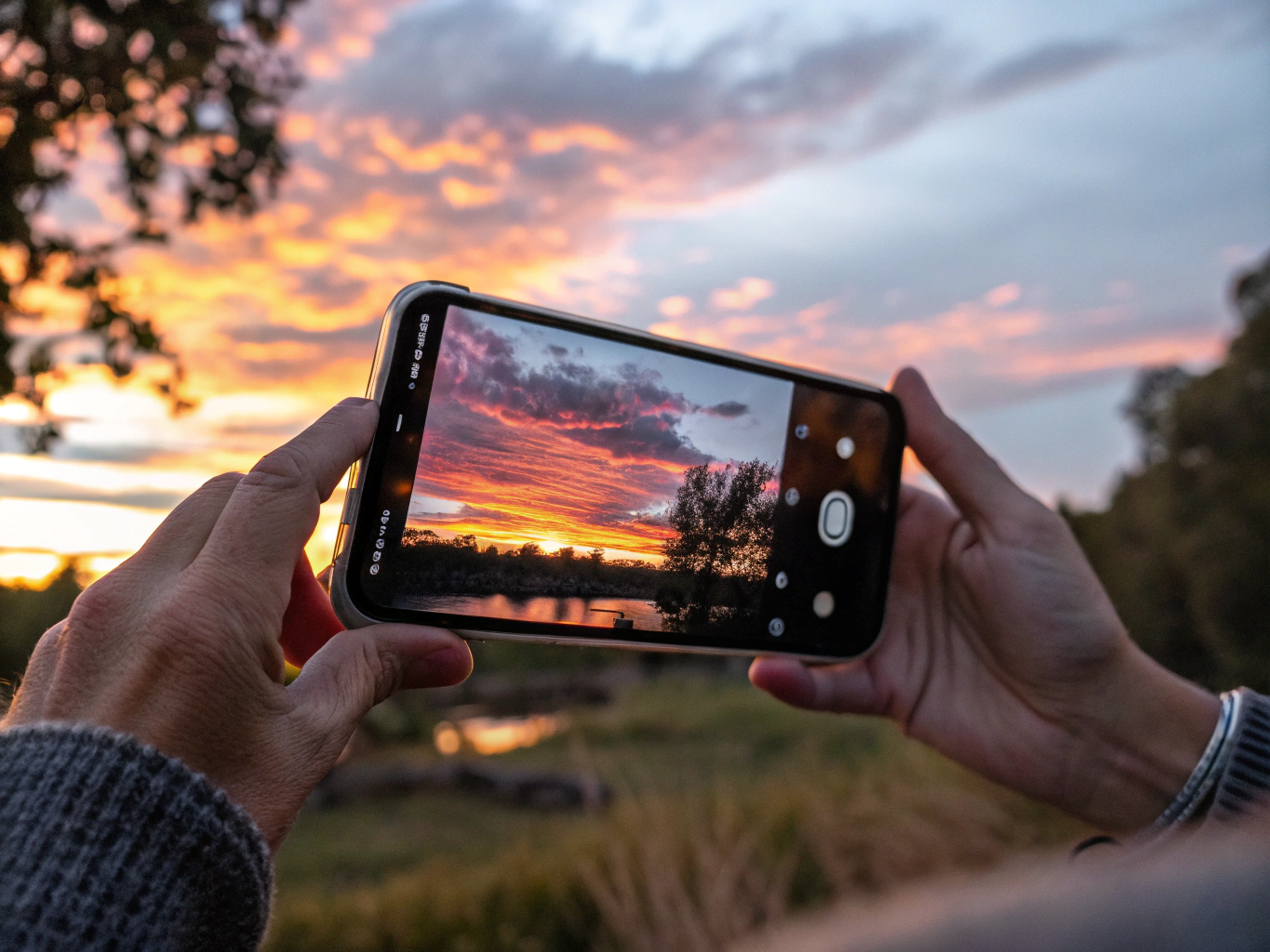 Smartphone fotografiert historische Kulisse im Sonnenuntergang für Social Media Content
